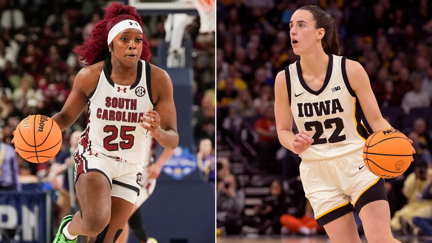 A split image of South Carolina guard Raven Johnson and Iowa guard Caitlin Clark.